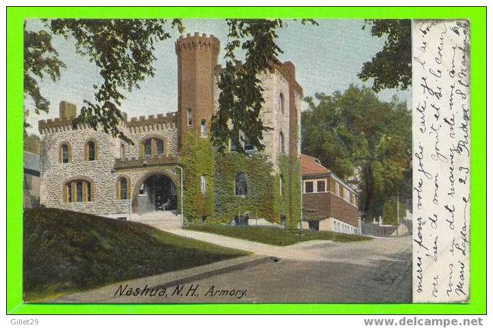 NASHUA, NH - ARMORY - CARD TRAVEL IN 1907 - UNDIVIDED BACK - HUGH  C. LEIGHTON CO - - Nashua