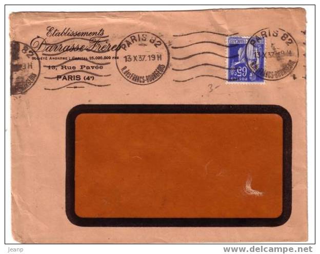 Paix 65c Bleu Yvert 365, Seul Sur Lettre Omec Paris 82 13-X-37 - 1932-39 Paz