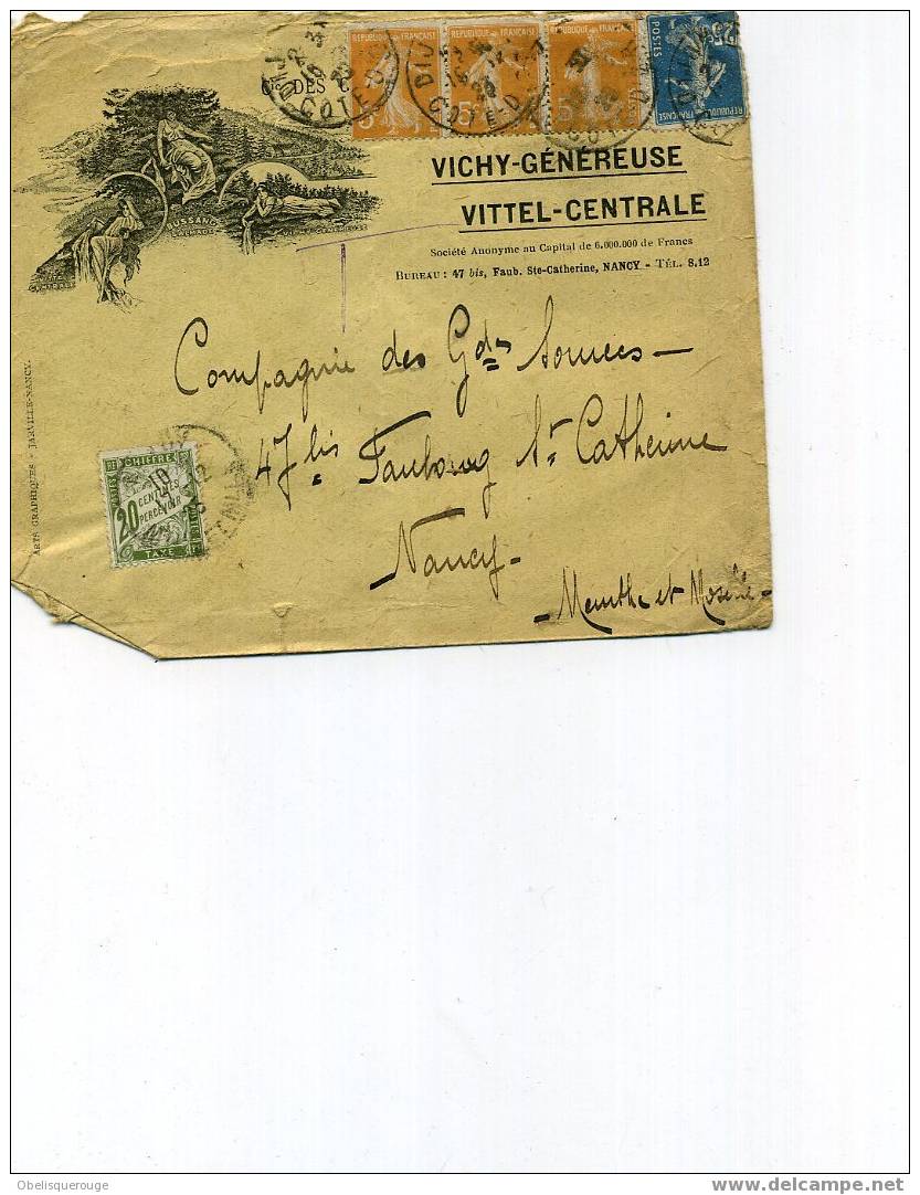 LETTRE AVEC DECOR PUBLICITE SOURCE VICHY  VITTEL  BUSSANG NANCY 20 CENTIMES - 1859-1959 Oblitérés