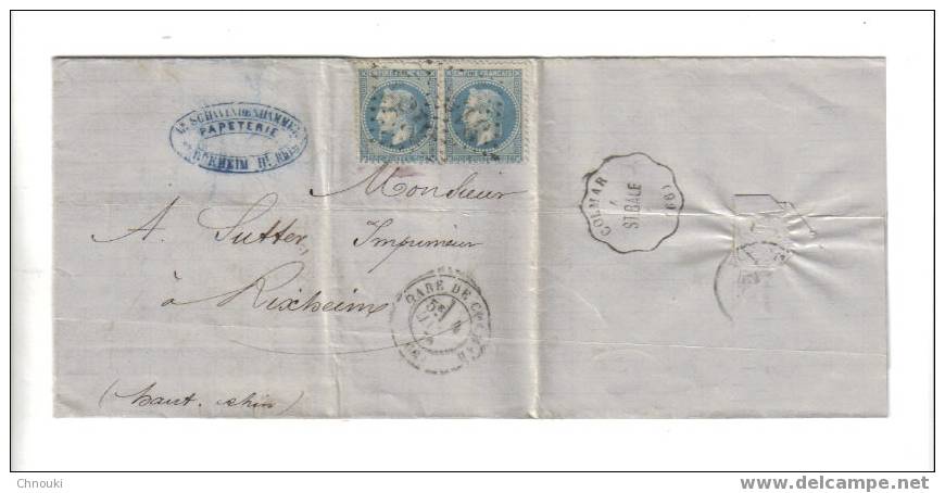 Lettre De Colmar Pour Rixheim 1870 - Cachet Colmar Gare + Cachet Convoyeur Au Verso - Sonstige & Ohne Zuordnung