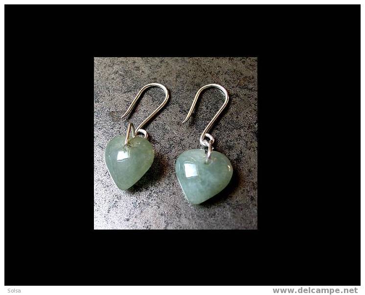 - Boucles D'oreille Coeur En Jade Véritable Monté Sur Argent / Genuine Burmese Jade And Silver Earrings - Ethniques