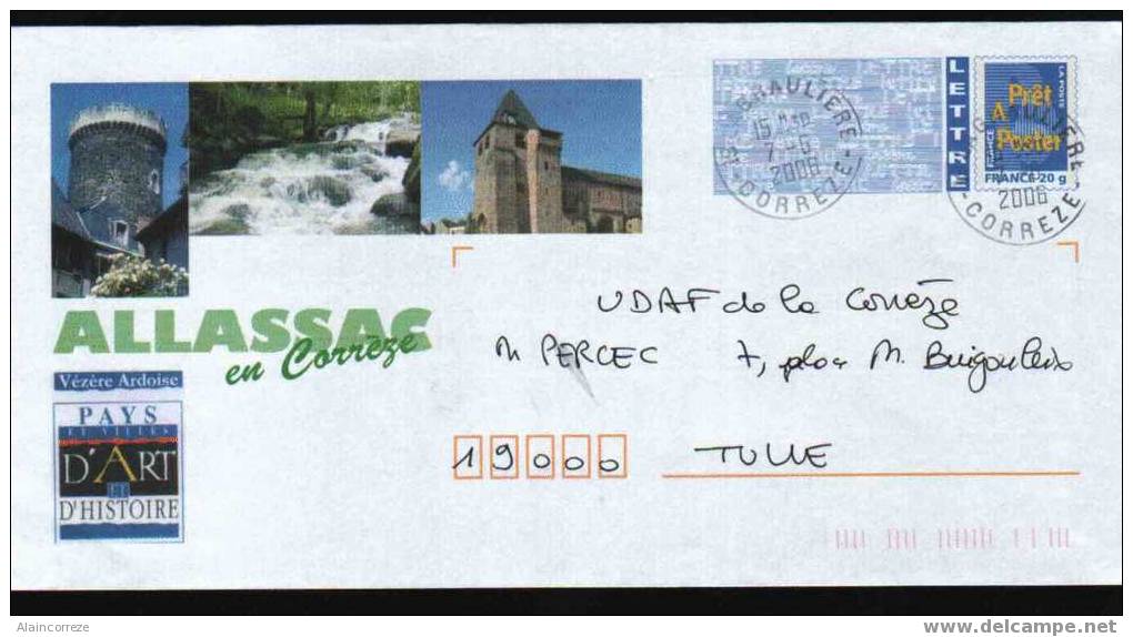 Entier Postal PAP Local Personnalisé Corrèze Allassac Vézère Ardoise Pays D'art Et D'histoire. Tour, Rivière, Eglise. - Prêts-à-poster:Overprinting/Blue Logo
