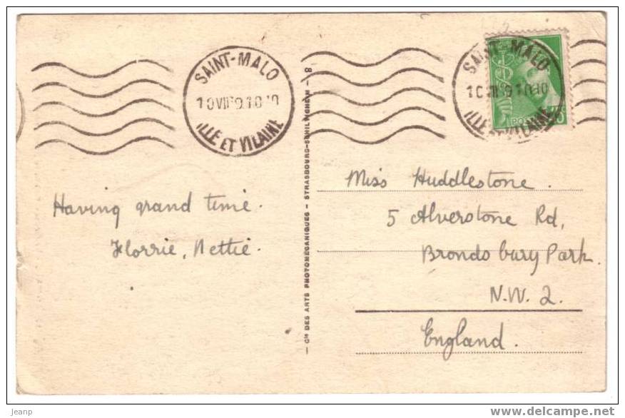 Mercure 45c Vert-jaune Yvert 414, Seul Sur Carte Postale Pour L'Angleterre, Juillet 1939 - 1938-42 Mercurius