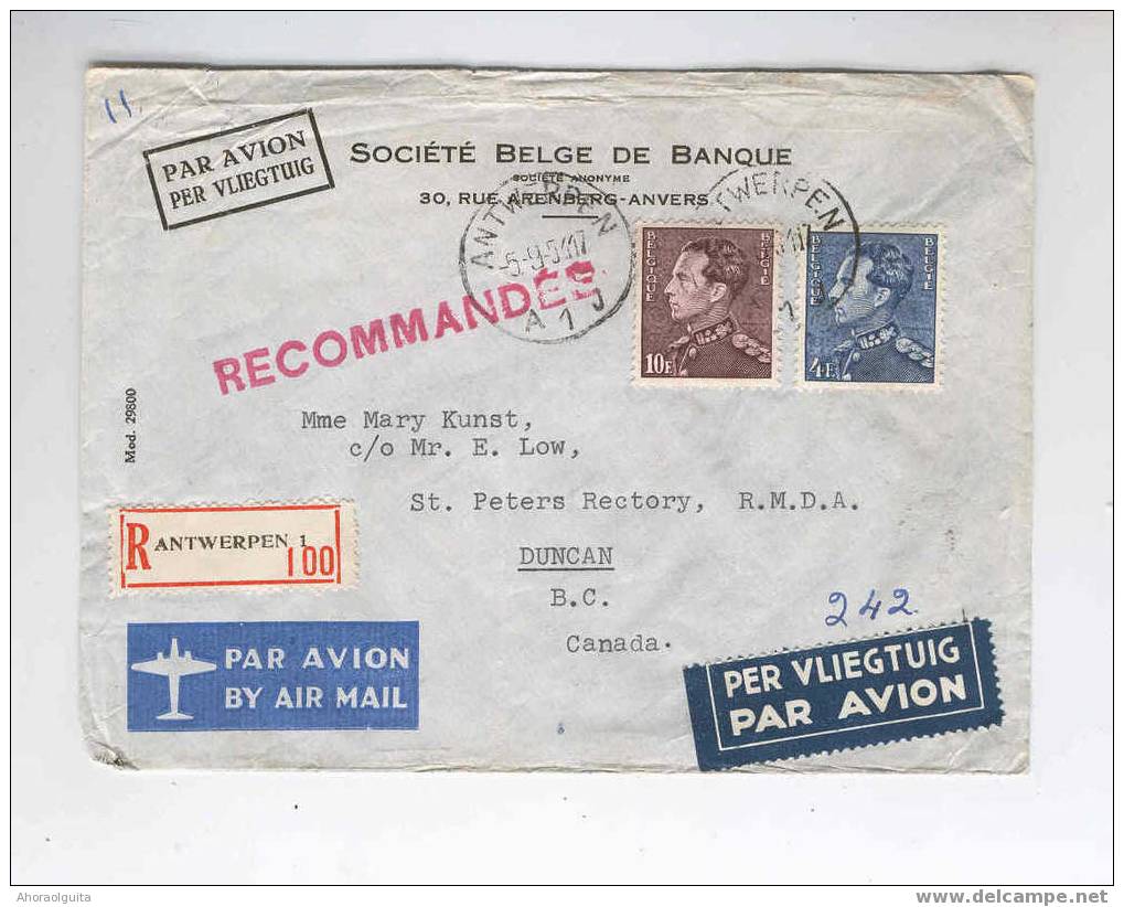 Lettre RECO AVION 1951 Poortman ANVERS Vers CANADA - Tarif 14 F   --  4/308 - 1936-51 Poortman