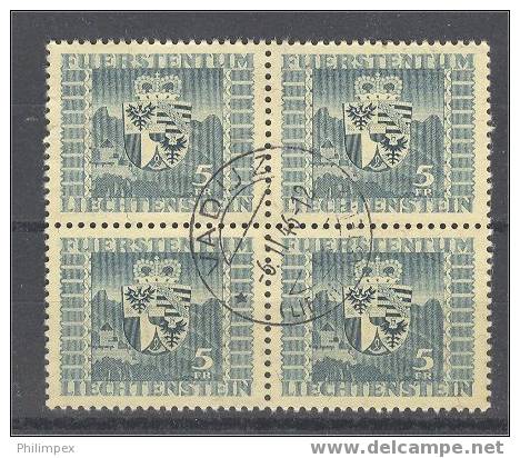 LIECHTENSTEIN 5 FRANCS HIGH VALUE 1945 USED BLOCK OF 4 - Used Stamps