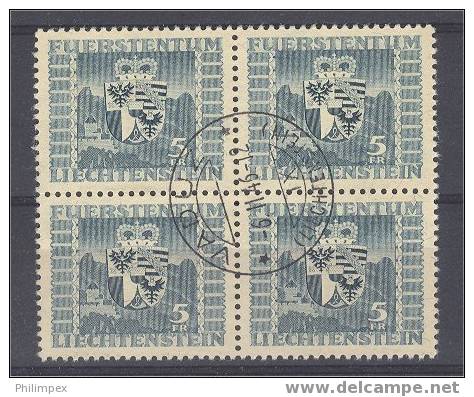 LIECHTENSTEIN 5 FRANCS HIGH VALUE 1945 USED BLOCK OF 4 - Used Stamps