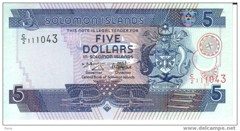 SOLOMON ISLANDS $5 BLUE NATIONAL EMBLEM FRONT BOAT BACK  SIG6 UNC  P19 READ DESCRIPTION !! - Salomons