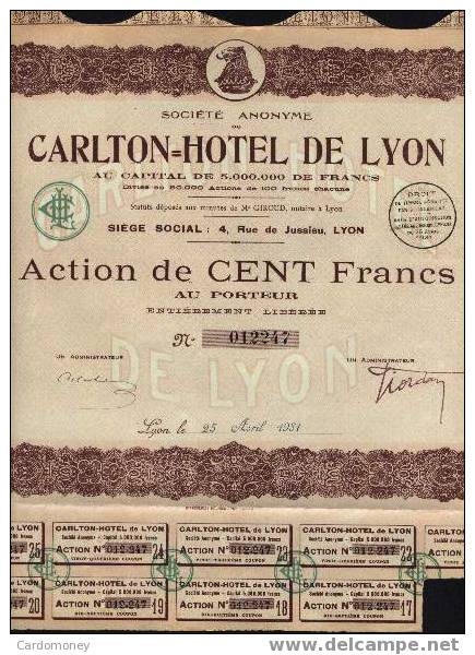 Action 100 Francs CARLTON HOTEL LYON 1931 (art.N° 34) - Tourisme