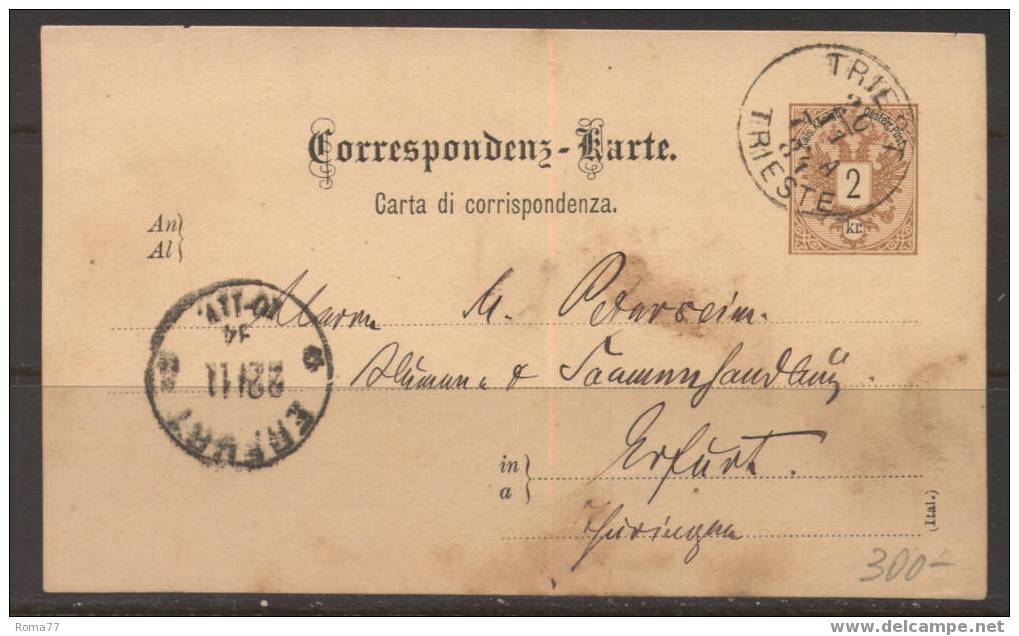 189 - AUSTRIA IMPERO , DA TRIESTE 20/11/1884 - Entiers Postaux