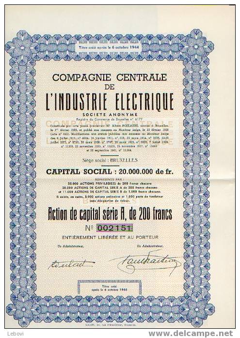 BRUXELLES - "Cie Centrale De L'industrie électrique" - Action De Capital Série A De 200 Fr - Elektrizität & Gas