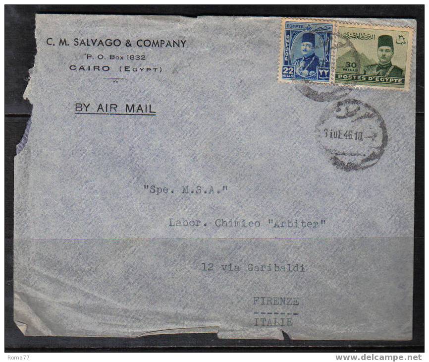 SPE612 - EGITTO , LETTERA DEL 1946 VIA AEREA PER FIRENZE - Covers & Documents