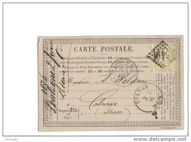 Entier Postal De Paris Pour Colmar 1876 - Storia Postale