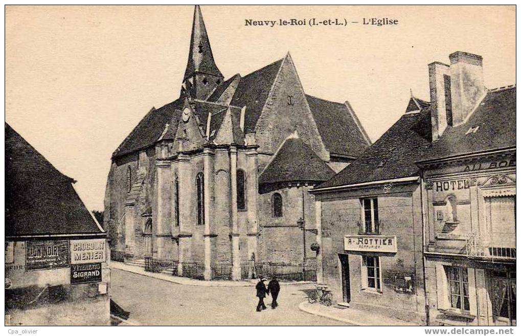 37 NEUVY LE ROI Eglise, Commerces, Hotel, Serrurier, Ed Dorange, 191? - Neuvy-le-Roi