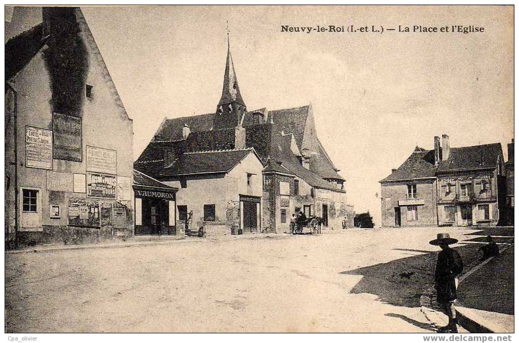37 NEUVY LE ROI Place Et Eglise, Animée, Commerces, Hotel, Ed Dorange, 191? - Neuvy-le-Roi