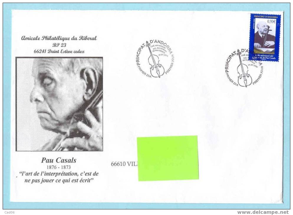 Lettre GF Personalisee 1er Jour Pau Casals Andorre Rare Theme Musique Music Musik - FDC