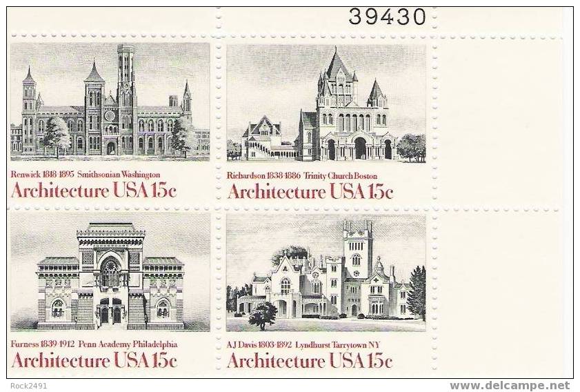 US Scott 1841a (1838 1839 1840 1841) - Plate Block Of 4 39430 - American Architecture 15 Cent - Mint Never Hinged - Plattennummern