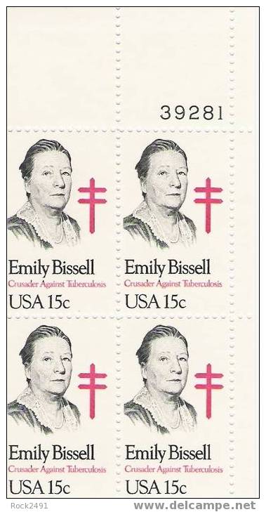 US Scott 1823 - Plate Block Of 4 39281 - Emily Bissell  15 Cent -Mint Never Hinged - Plattennummern