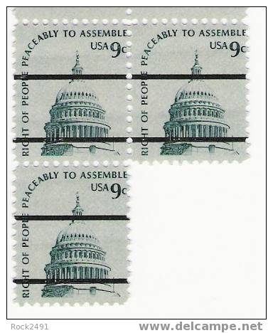 US Scott 1591a Precanceled - Block Of 3 - 9 Cent Capitol - Mint Never Hinged - Blocks & Sheetlets