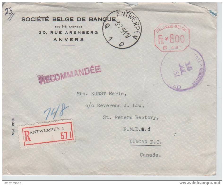 Belgique-Belgie Antwerpen 1951 PA-étiq.recom.affr.méc. V.Canada C.arrivée                  623 - Lettres & Documents