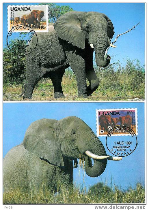 ANIMAUX FDC SERIE WWF 4 CARTES MAXIMUM DE 4 TIMBRES DIFFERENTS ELEPHANTS OUGANDA  FOND MONDIAL POUR LA NATURE - Elefanten