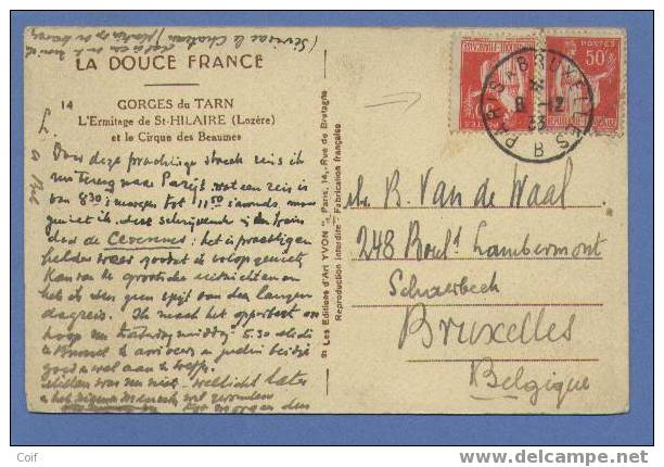 Franse Zegels 283 Op Kaart Met Stempel PARIS A BRUXELLES B Op 8/12/33 Naar BRUSSEL - Grenzübergangsstellen