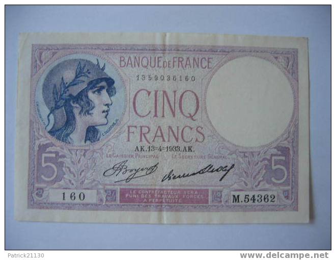 BILLET DE 5F VIOLET  DU 13/04/1933  FAYETTE 3/17 - 5 F 1917-1940 ''Violet''