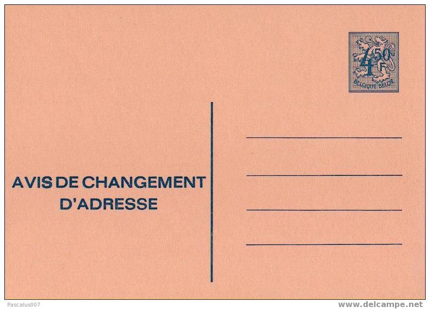 AP - Entier Postal - Carte Postale Avis De Changement D'adresse N° 20 - Chiffre Sur Lion Héraldique - 4,50 Fr Bleu - F - Adreswijziging