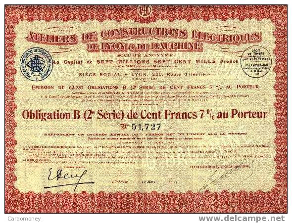 Constructions Electriques  LYON Et Du DAUPHINE ,Obli. B , 100 Francs  7 % 1927(art.N°112) - Electricidad & Gas