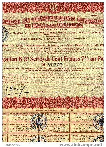 Constructions Electriques  LYON Et Du DAUPHINE ,Obli. B , 100 Francs  7 % 1927(art.N°112) - Elektrizität & Gas