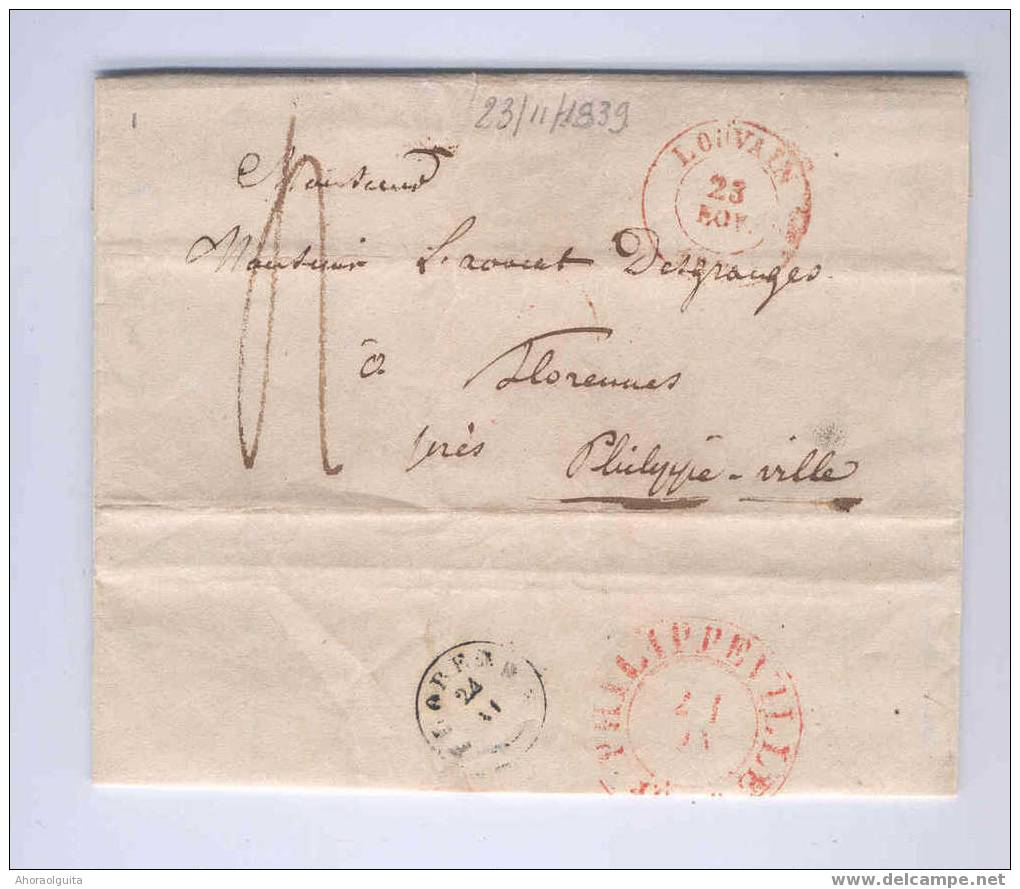 Précurseur LOUVAIN 1839 Vers FLORENNES Cachet Type 18 ( TB Date) Via PHILIPPEVILLE  , Port 4 Décimes   --  4/473 - 1830-1849 (Belgique Indépendante)