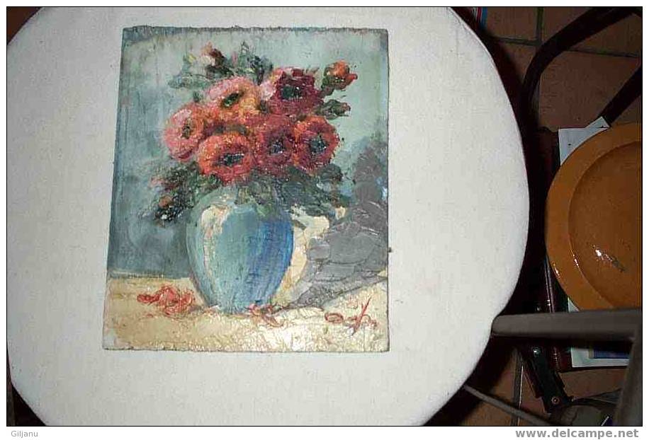 ANCIEN PETIT TABLEAU SUR BOIS VASE FLEURS  AU COUTEAU  DIM 23 X 27 - Oelbilder