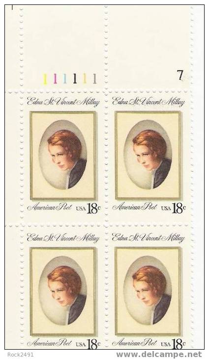 US Scott 1926 - Plate Block Of 4 Upper Plate No 111111 7 - Edna St Vincent Millay 18 Cent - Mint Never Hinged - Plate Blocks & Sheetlets