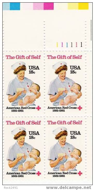 US Scott 1910 - Plate Block Of 4 Upper Right No 111111 - American Red Cross 18 Cent - Mint Never Hinged - Plaatnummers