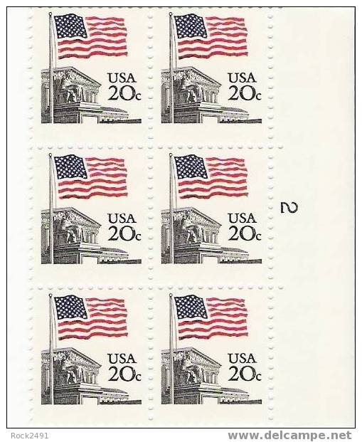 US Scott 1894 - Plated Block Of 6  - Plate No 2 - Flag Over Court 20 Cent - Mint Never Hinged - Numero Di Lastre