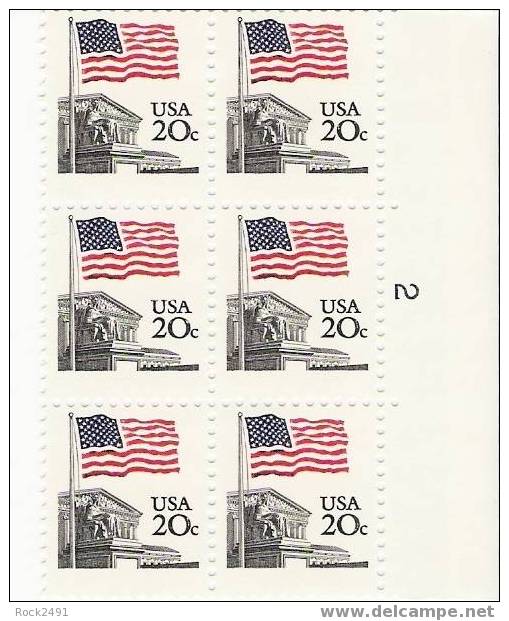 US Scott 1894 - Plated Block Of 6  - Plate No 2 - Flag Over Court 20 Cent - Mint Never Hinged - Plattennummern