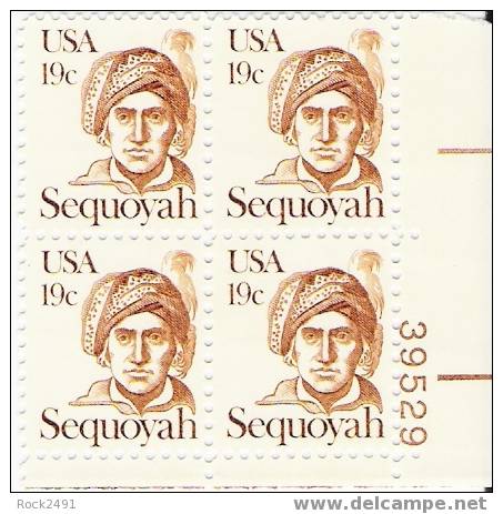 US Scott 1859 - Plate Block Of 4 - Plate No 39529 - Sequoyah 19 Cent - Mint Never Hinged - Numero Di Lastre