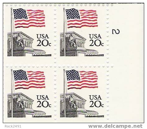 US Scott 1894 - Plate Block Of 4 - Plate No 2 - Flag Over Court 20 Cent - Mint Never Hinged - Plate Blocks & Sheetlets