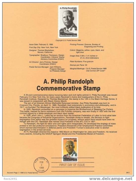 US Scott 2402 - First Day Souvenir Page  -  Asa Phillip Randolph - 1981-1990