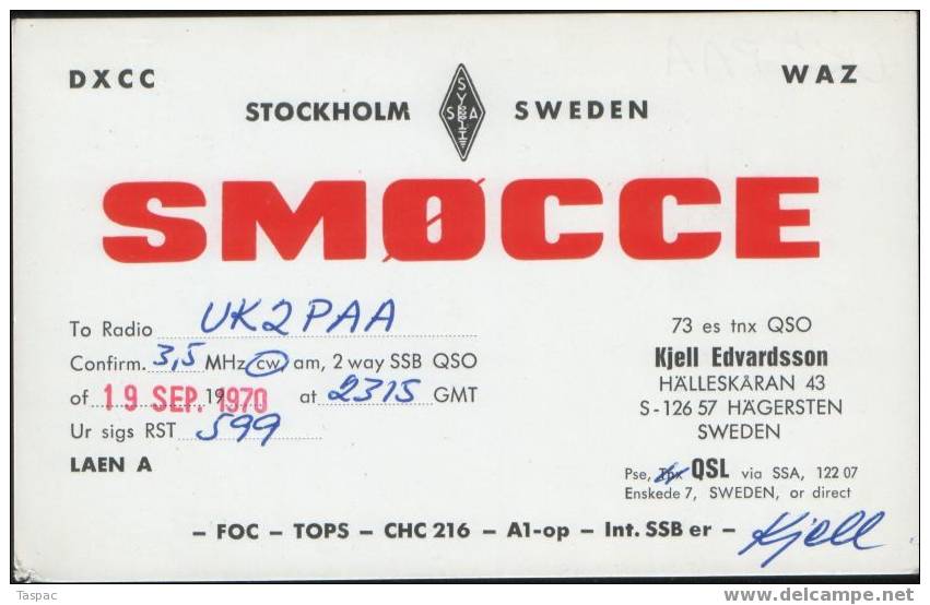 QSL Card 1970 Sweden - Stockholm SMOCCE - Radio Amateur