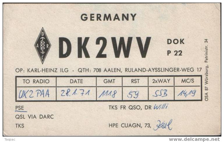 QSL Card 1971 Germany - DK2WV - Radio Amateur