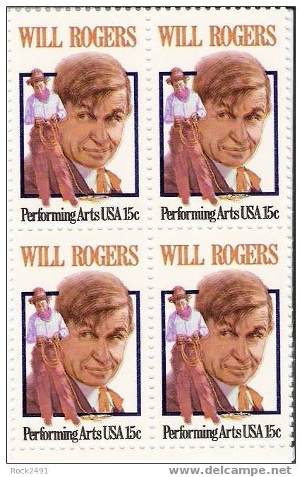 US Scott 1801 - Block Of 4 - Will Rogers 15 Cent - Mint Never Hinged - Blocks & Sheetlets