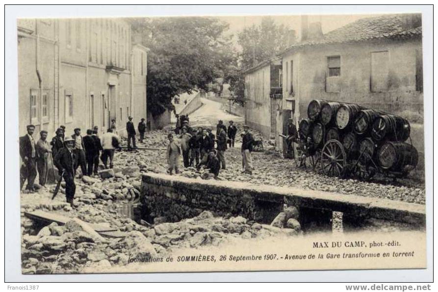 Ref 125  - Inondations De SOMMIERES, 26 Septembre 1907 -av. De La Gare Transformée En Torrent - (BELLE CARTE ANIMEE) - Sommières