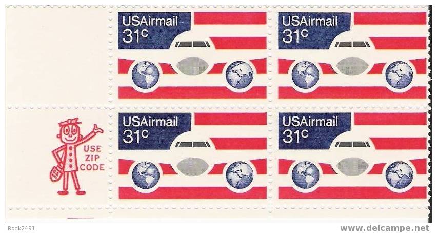US Scott C90 - Zip Block Of 4 - Plane Globes And Flag 31 Cent - Mint Never Hinged - 3b. 1961-... Neufs
