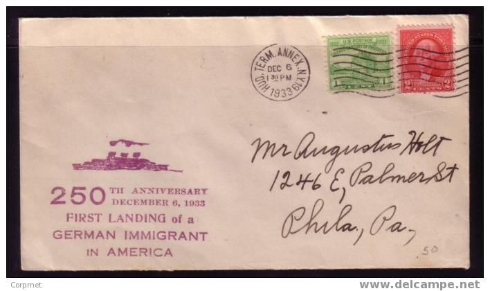 US - 1933 COMM COVER 250th ANNIV FIRST LANDING Of A GERMAN Immigrant In AMERICA - Maritime