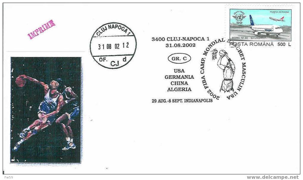 BASKET BALL OBLITERATION TEMPORAIRE ROUMANIE 2002 CHAMPIONNAT DU MONDE DE BASKET COMPOSITION DU GROUPE C - Basket-ball
