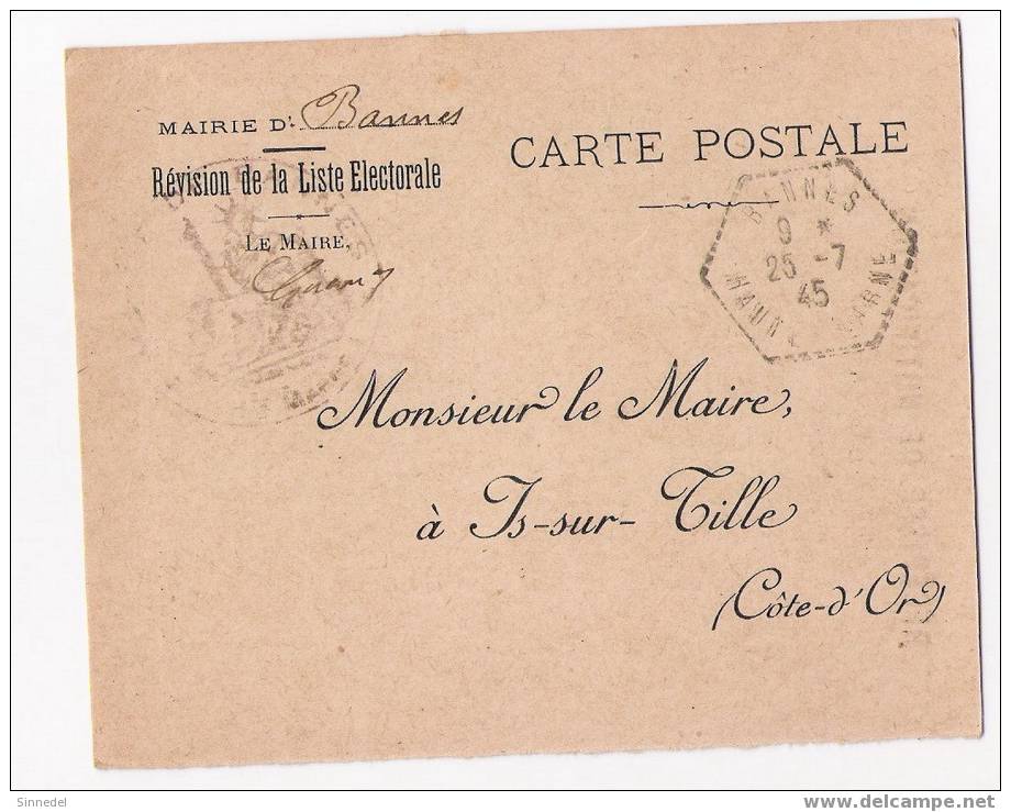 CARTE POSTALE DE MAIRIE OBLITERATION HEXAGONE TIRETE BANNES HAUTE MARNE LE 25/07/1945 - Handstempels