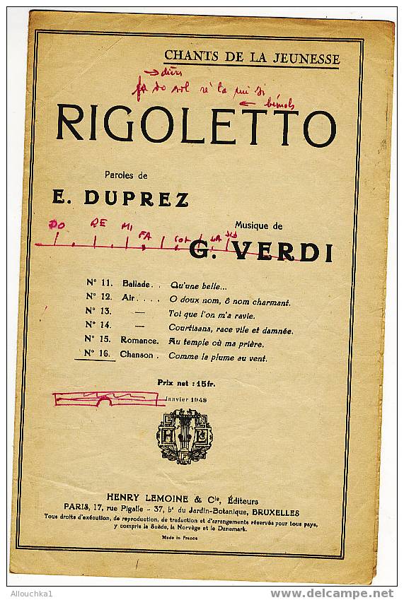 PARTITION DE MUSIQUE CHANSONS/AIRS TRES CONNUS PERIODE TRES ANCIENNE" RIGOLETTO DE VERDI - Sonstige & Ohne Zuordnung