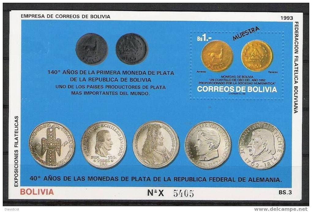 Q822.-.BOLIVIA-1993- 40 ANNIVERSARY SILVER COINS OF GERMANY-, "MUESTRA" SOUVENIR SHEET. - MI- BLOCK 204-  MNH.- - Monedas