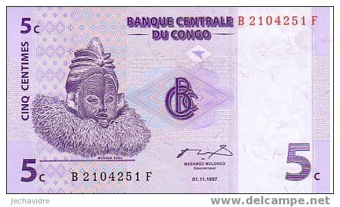 CONGO    5 Centimes   Daté Du 01-11-1997   Pick 81a     ***** BILLET  NEUF ***** - Non Classés