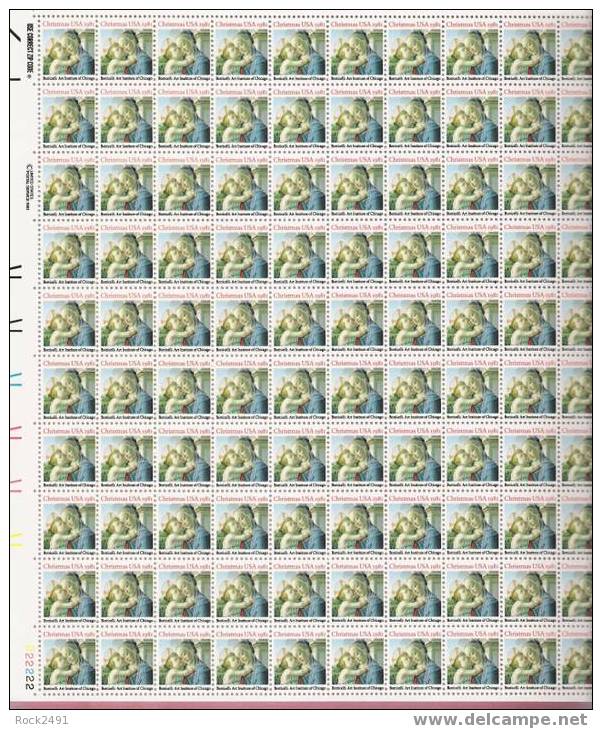 US Scott 1939 - Sheet Of 100 - Christmas 1981 - Madonna And Child, Botticelli 20 Cent  MINT NH - Volledige Vellen